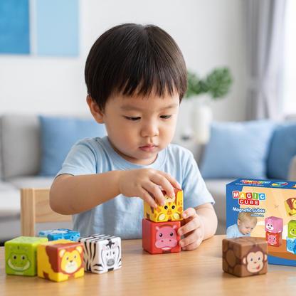 Toddler-Safe 4.2 cm Safari Animal Magnetic Building Cubes – STEM Learning Blocks