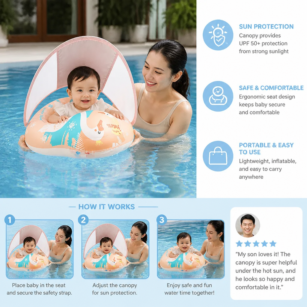 Swan Baby Swim Ring with Sun Canopy – Inflatable Safety Float Seat for Babies