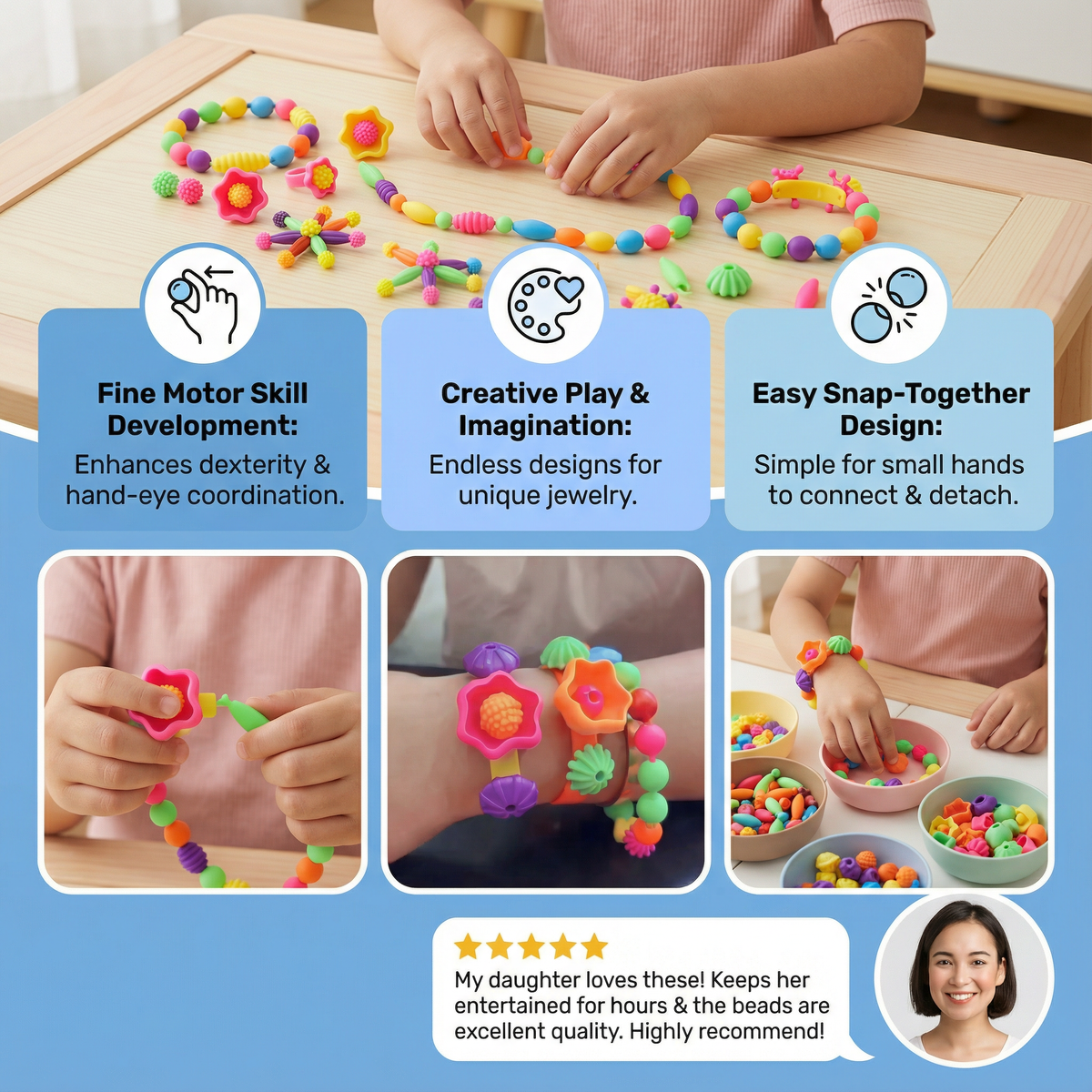 Children’s Pop Beads Set ⎜ Colorful DIY Jewelry Kit for Creative Play and Fine Motor Skill Development