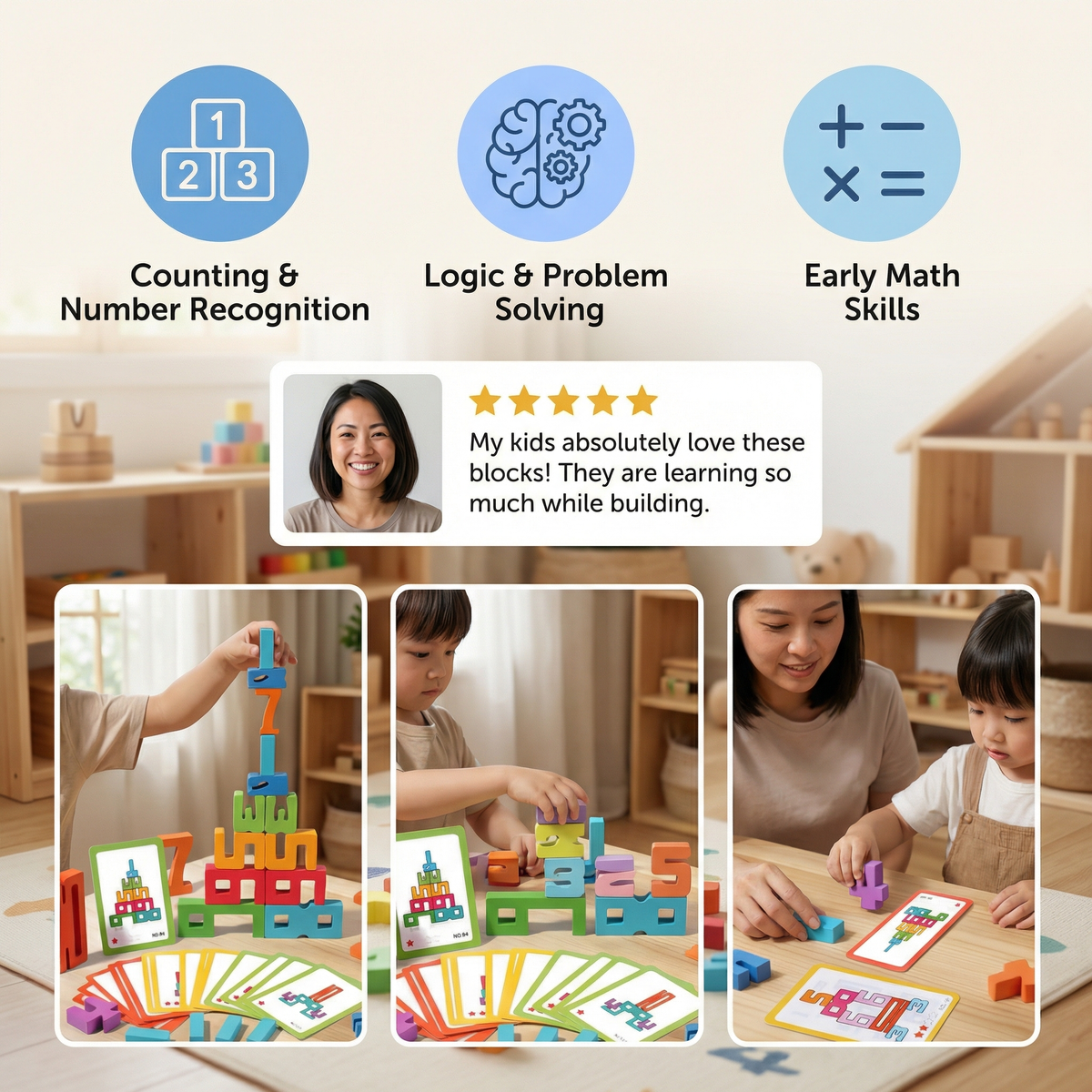Wooden Number Blocks for Kids ⎜ Colorful Stacking Toy for Counting, Logic and Early Math Learning