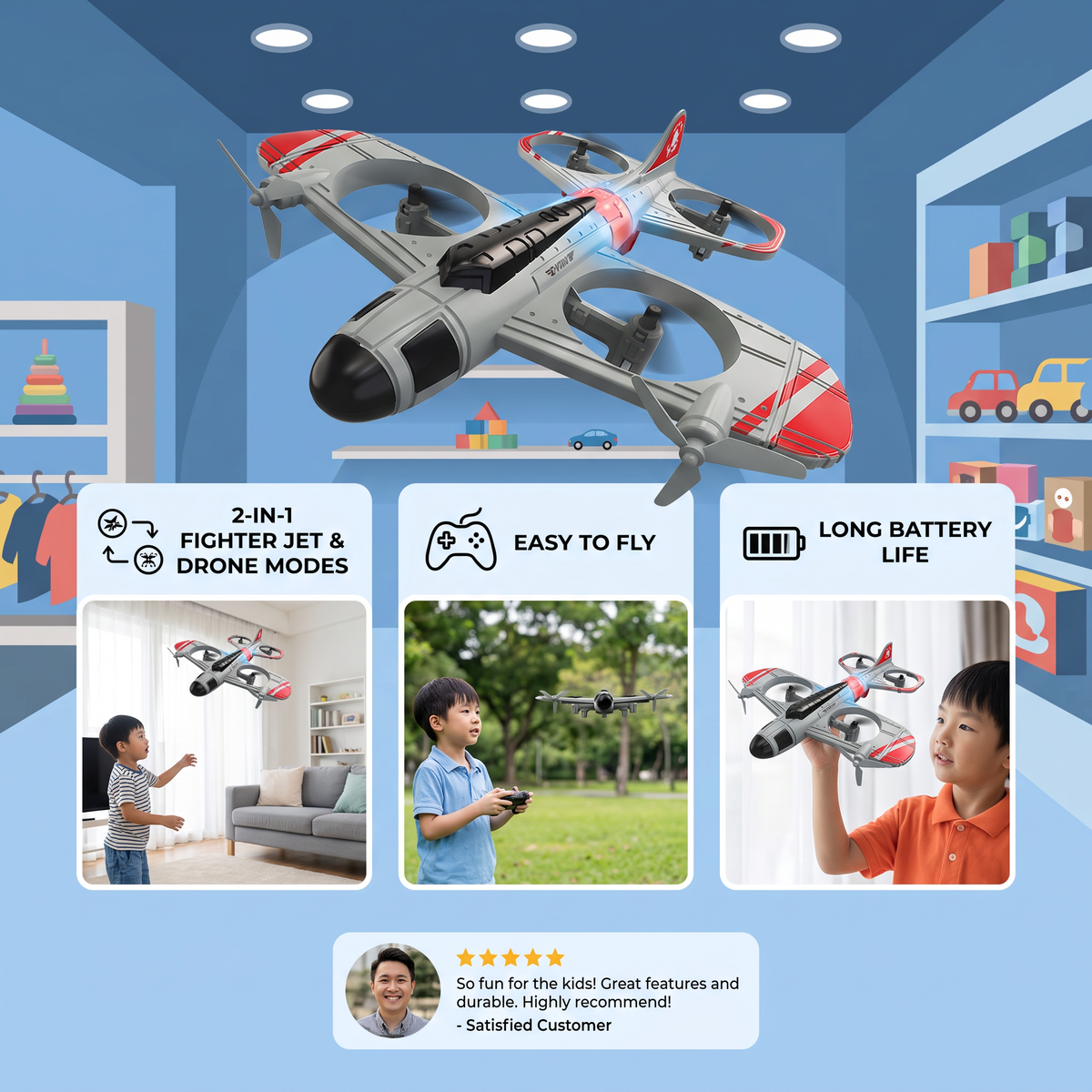 2-in-1 Remote Control Fighter Jet & Drone Toy