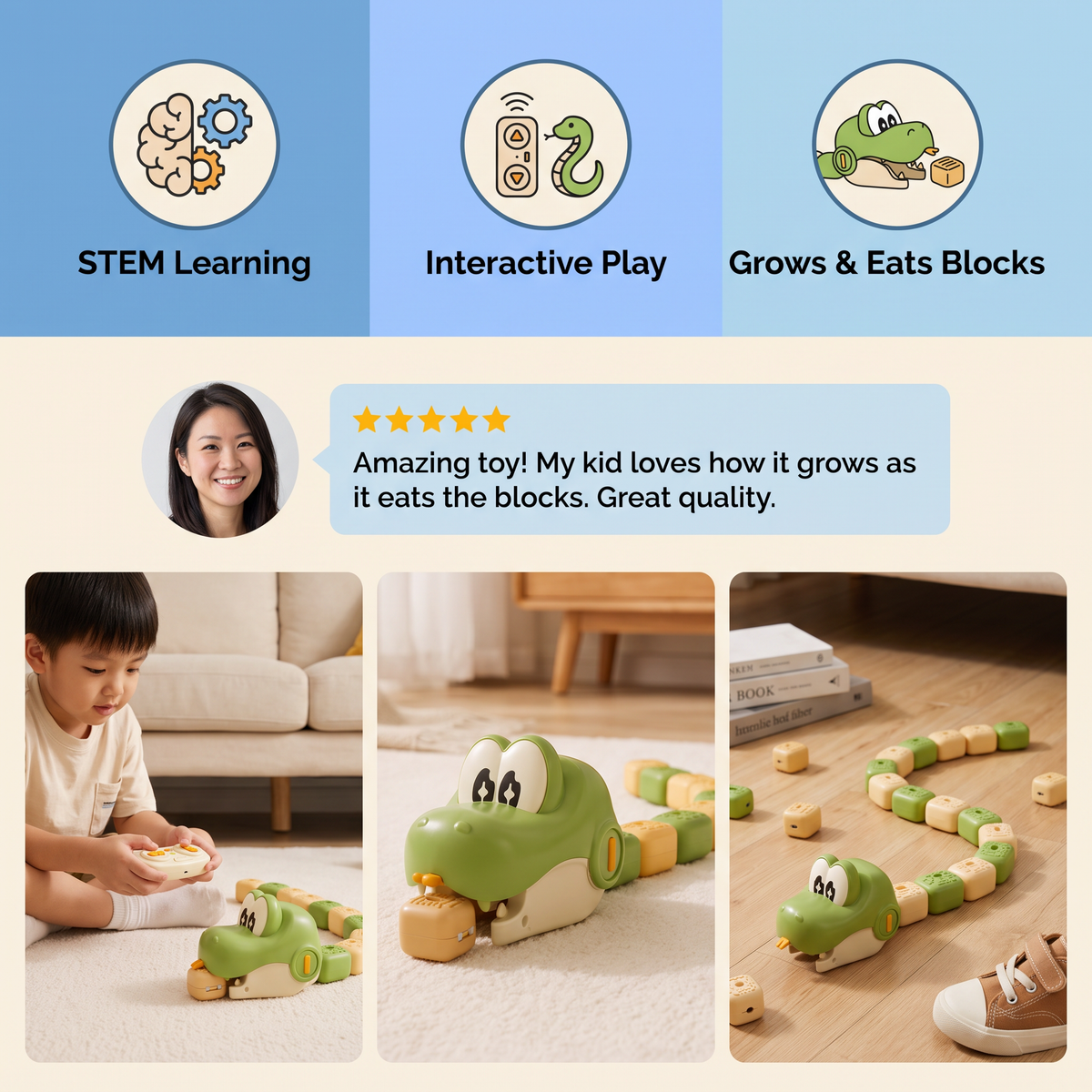 Interactive Growing RC Snake STEM Toy – Eats Blocks & Grows Longer