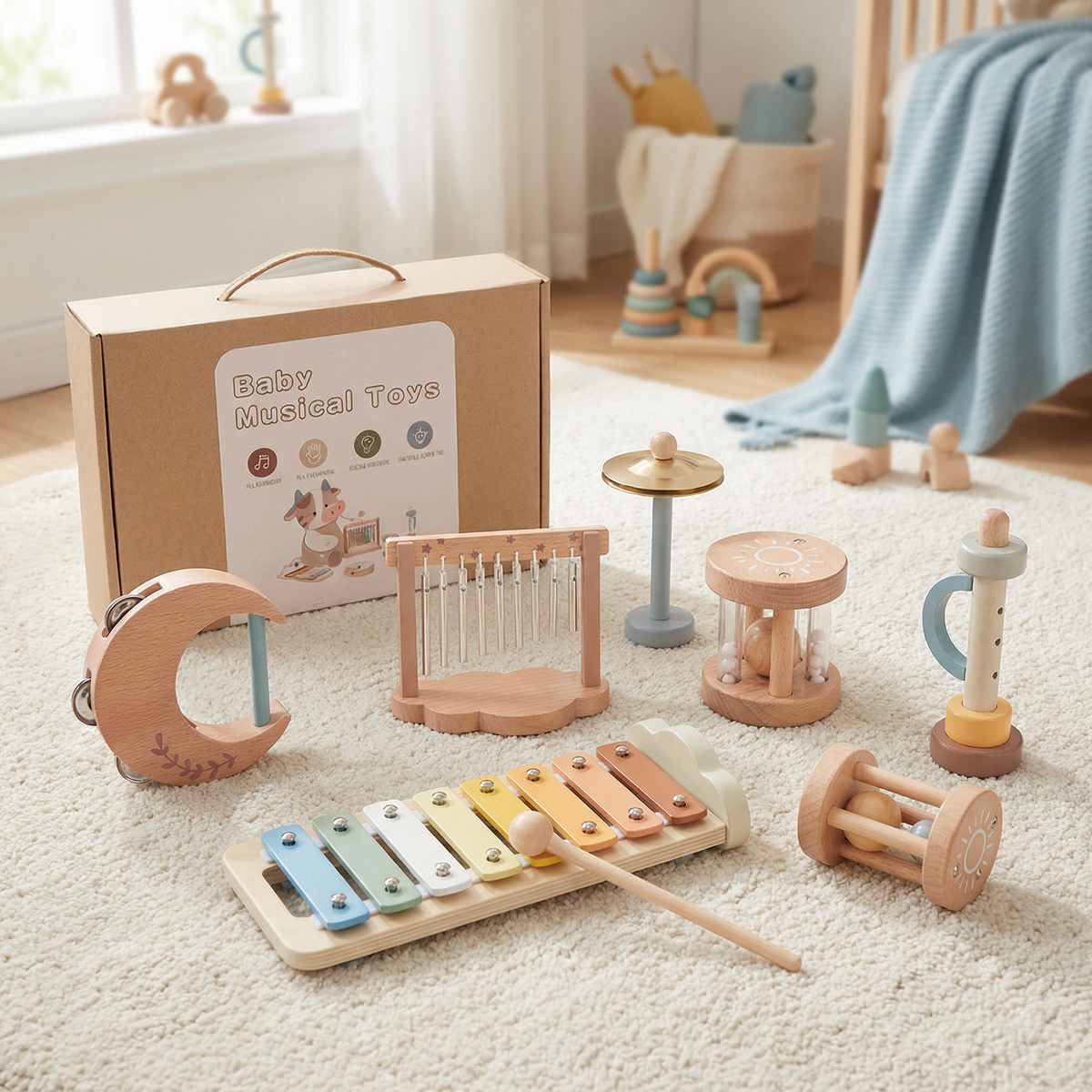 6-Piece Wooden Baby Musical Instrument Set – Sensory Sound & Music Toy