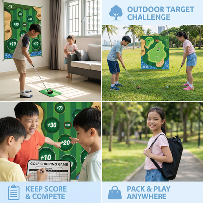 2in1 Golf Training & Play Set – Indoor & Outdoor Swing Mat with Target Wall & Club