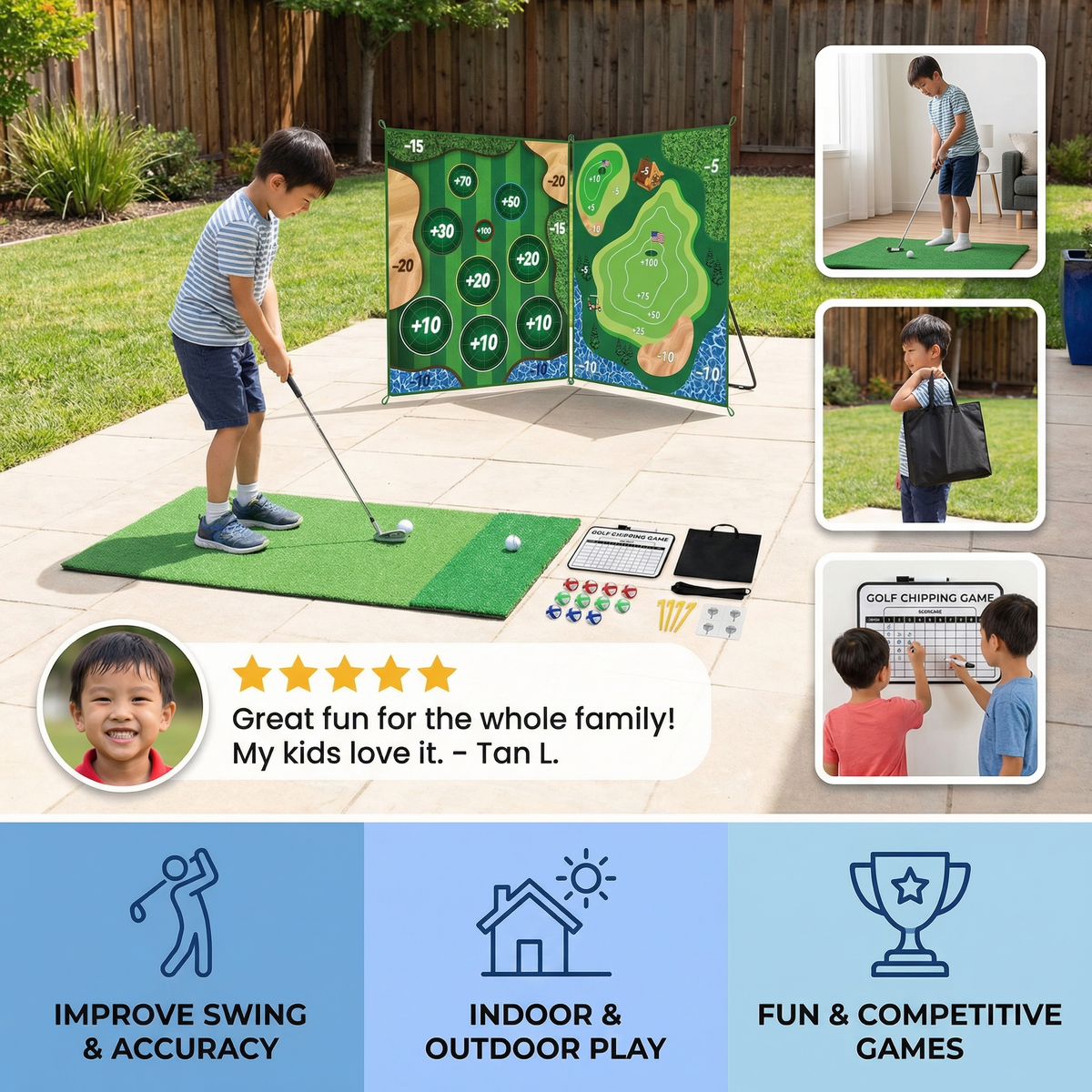 2in1 Golf Training & Play Set – Indoor & Outdoor Swing Mat with Target Wall & Club
