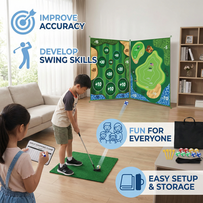 2in1 Golf Training & Play Set – Indoor & Outdoor Swing Mat with Target Wall & Club