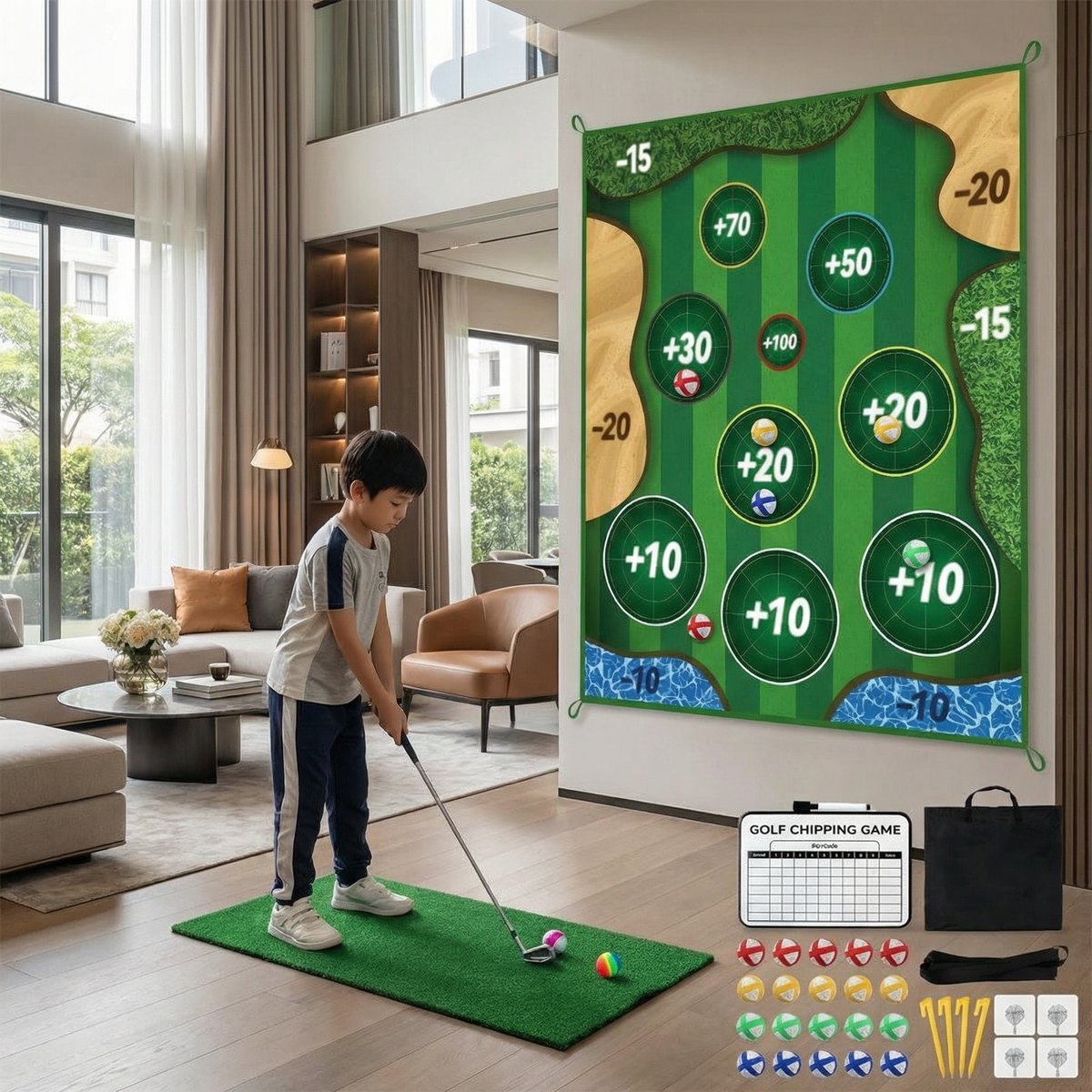 2in1 Golf Training & Play Set – Indoor & Outdoor Swing Mat with Target Wall & Club