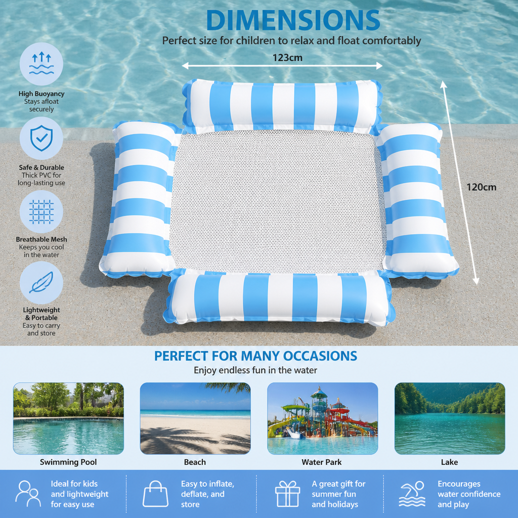 Inflatable Pool Seat for Children – Water Hammock with Mesh Surface
