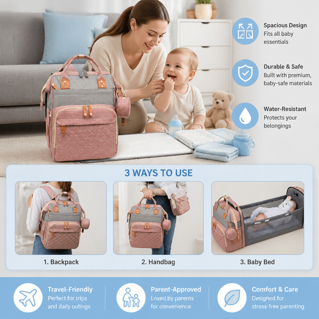 3-in-1 Travel Diaper Backpack with Foldable Baby Bed – Perfect for On-the-Go Parents