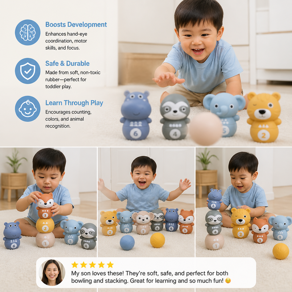 6-in-1 Soft Rubber Animal Bowling & Stacking Game – Montessori Learning Toy for Kids