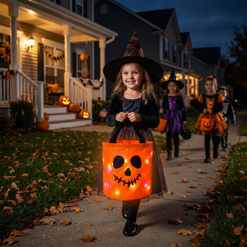 LED Halloween Trick-or-Treat Candy Bucket – Reusable Light-Up Tote Bag