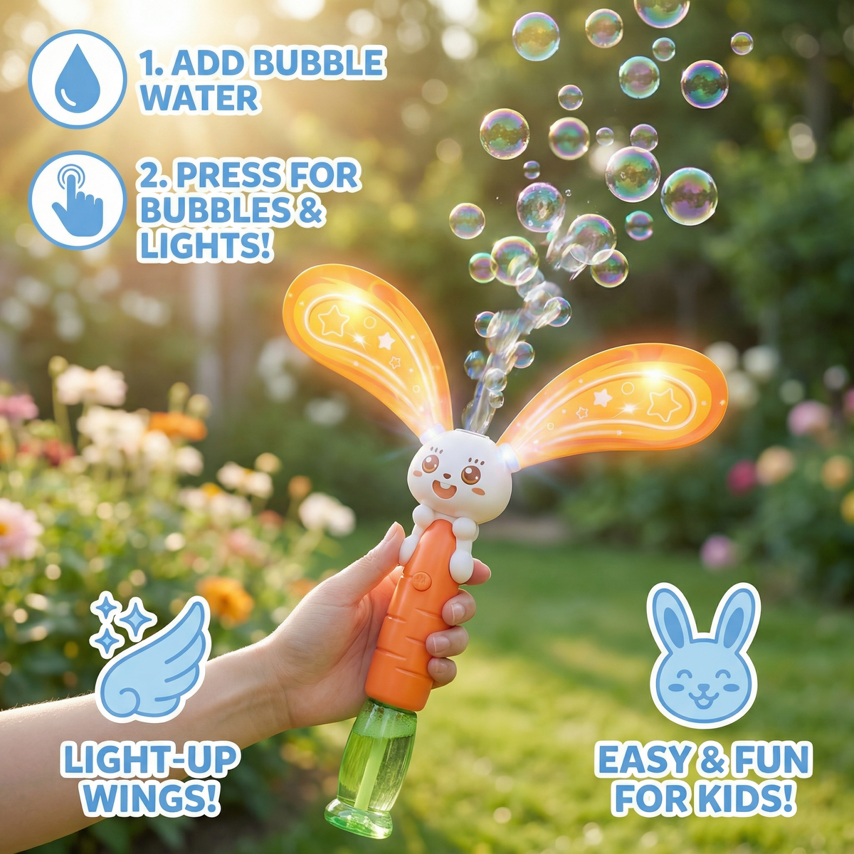 Light-Up Winged Bunny Bubble Maker – Kids Electric Bubble Wand
