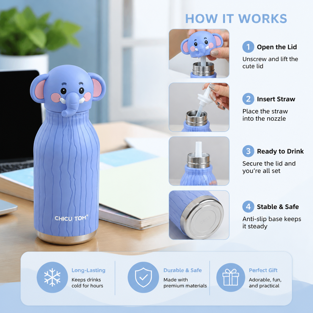 Cute Cartoon Animal Insulated Stainless Steel Straw Cup – 480ml