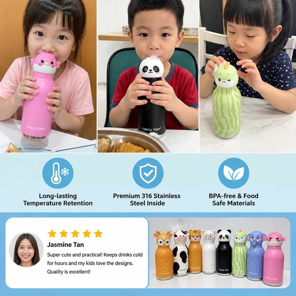 Cute Cartoon Animal Insulated Stainless Steel Straw Cup – 480ml