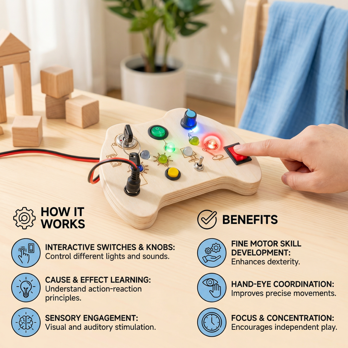 LED Controller Busy Board Wooden – Montessori Learning Toy for Motor Skill Development