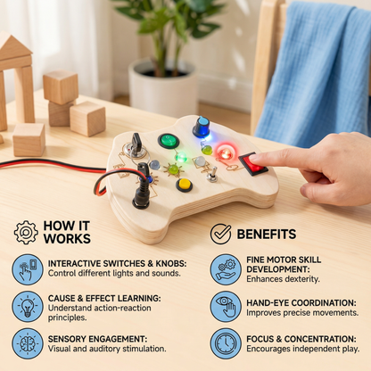 LED Controller Busy Board Wooden – Montessori Learning Toy for Motor Skill Development