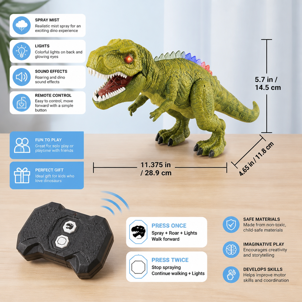 Remote Control Walking T-Rex – RC Dinosaur with Spray Mist, Lights & Sound