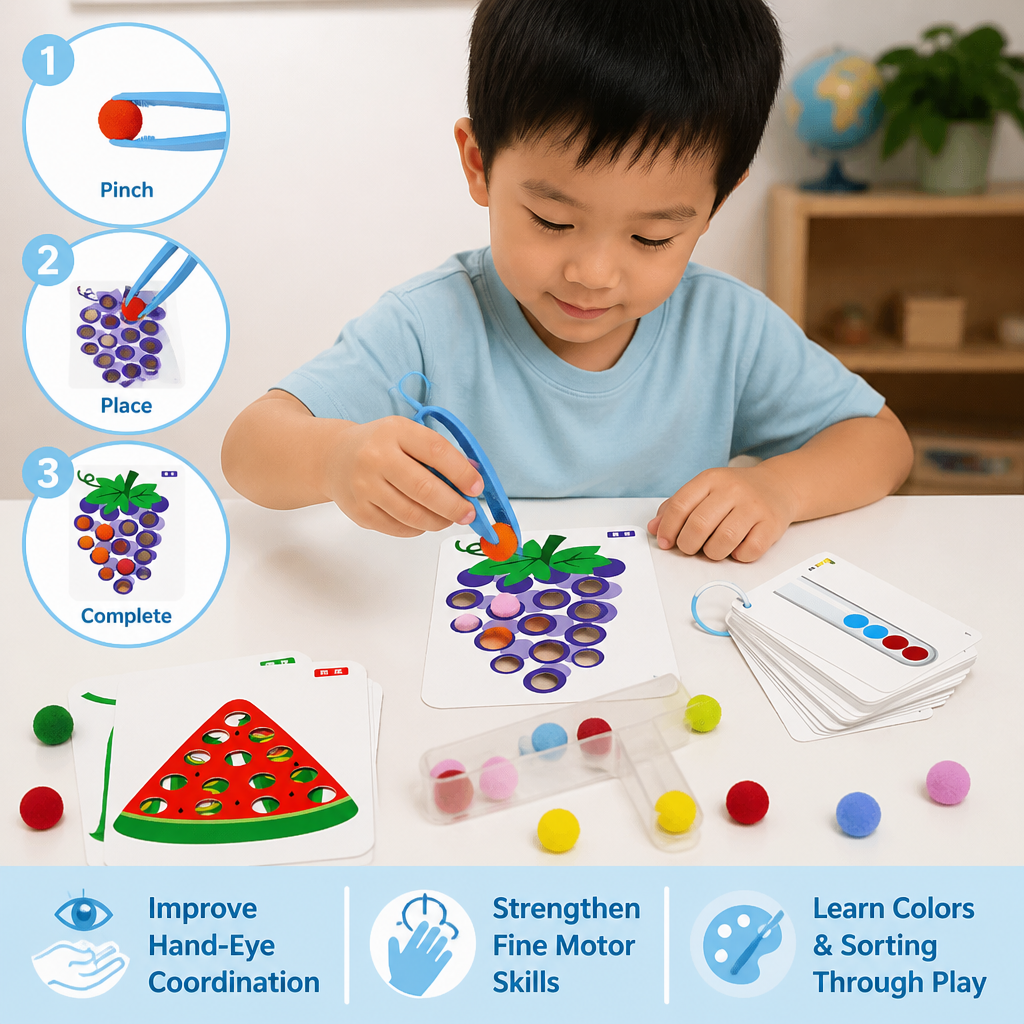 Montessori Pom-Pom Color & Numbers Learning Game for Fine Motor Skills