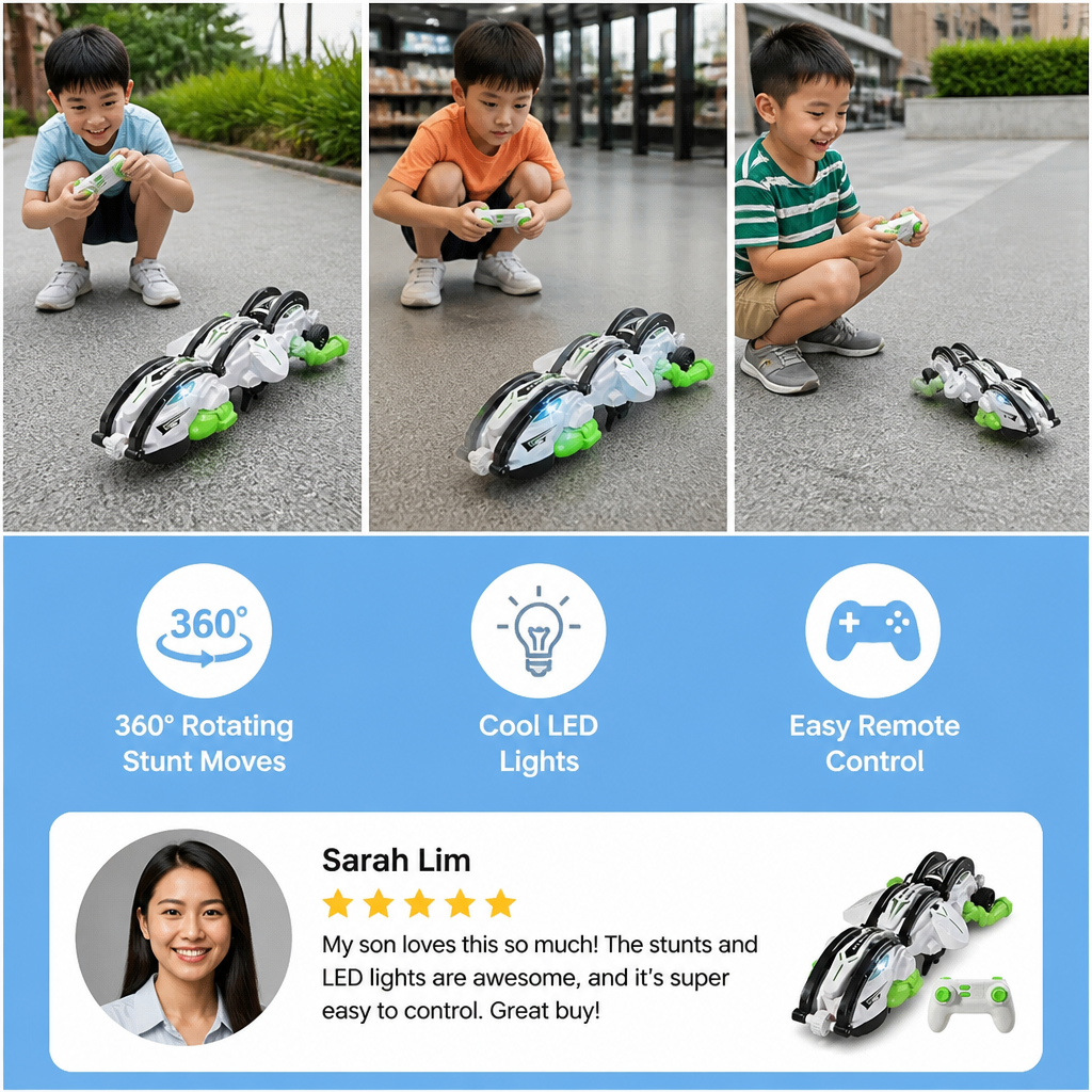 2-in-1 Remote Control Transforming Stunt Car with 360° Rotation & LED Lights
