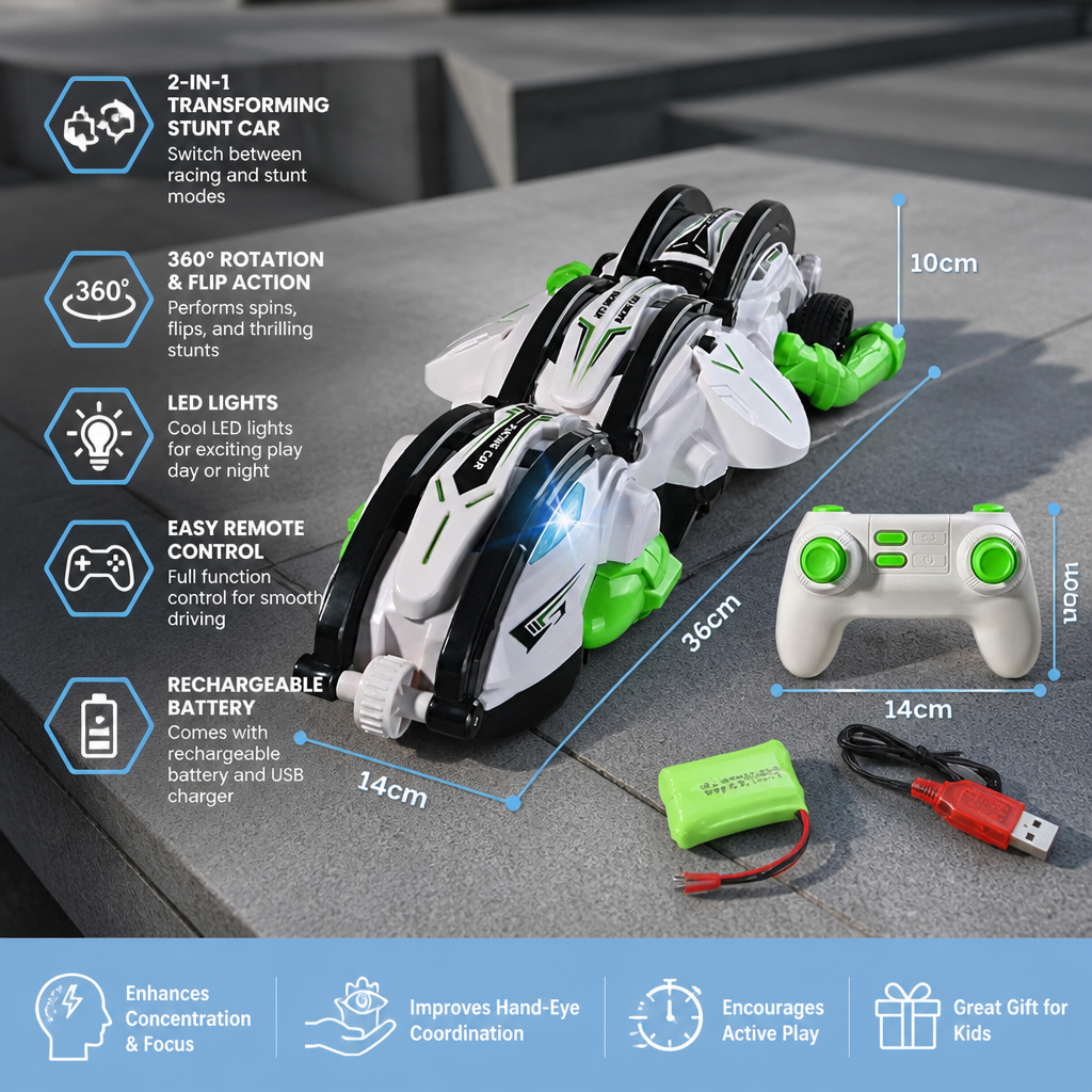 2-in-1 Remote Control Transforming Stunt Car with 360° Rotation & LED Lights