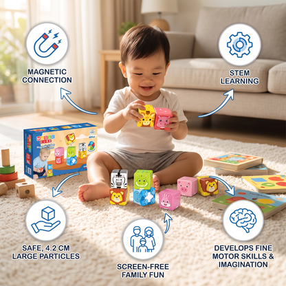 Toddler-Safe 4.2 cm Safari Animal Magnetic Building Cubes – STEM Learning Blocks