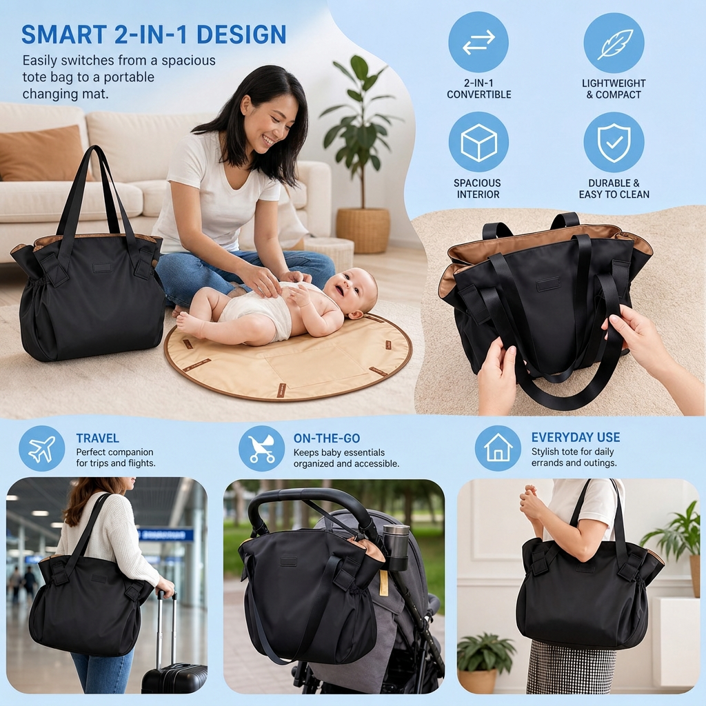 2-in-1 Folding Diaper Bag & Changing Mat – Lightweight & Spacious Travel Tote for Moms