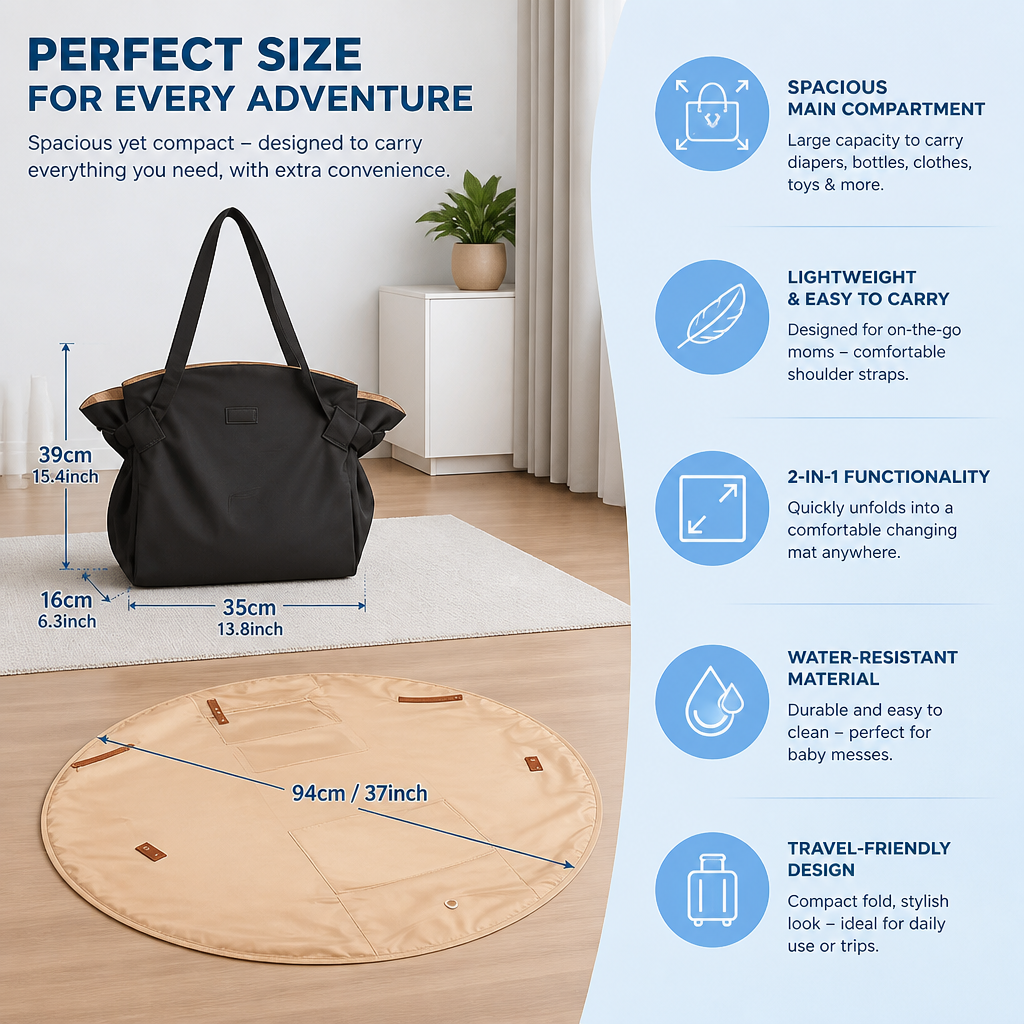 2-in-1 Folding Diaper Bag & Changing Mat – Lightweight & Spacious Travel Tote for Moms