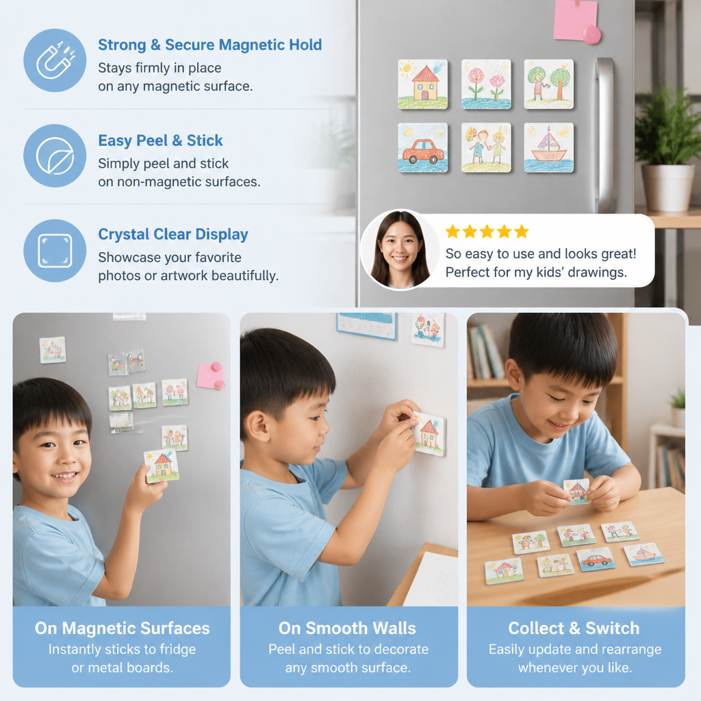 Clear Acrylic Magnetic Photo Frames with Adhesive Backing Set of 5