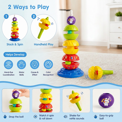 2-in-1 Interactive Rotating Stack & Ball Drop Tower with Rattle for Kids