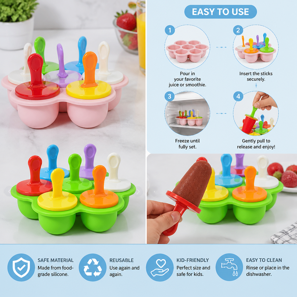 7-Piece Silicone Popsicle Mold – Reusable Ice Pop Maker for Kids