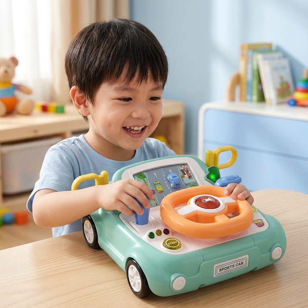 Driving Simulator Toy with Steering Wheel and Screen for Kids