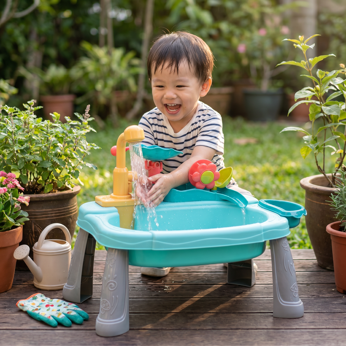 Ergonomic Elevated Kids Kitchen Sink Playset with Electric Running Water