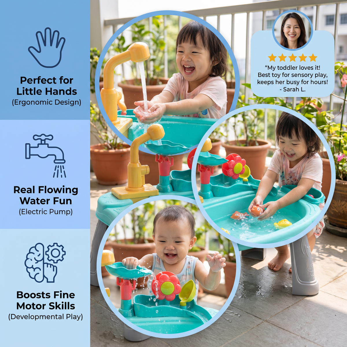 Ergonomic Elevated Kids Kitchen Sink Playset with Electric Running Water