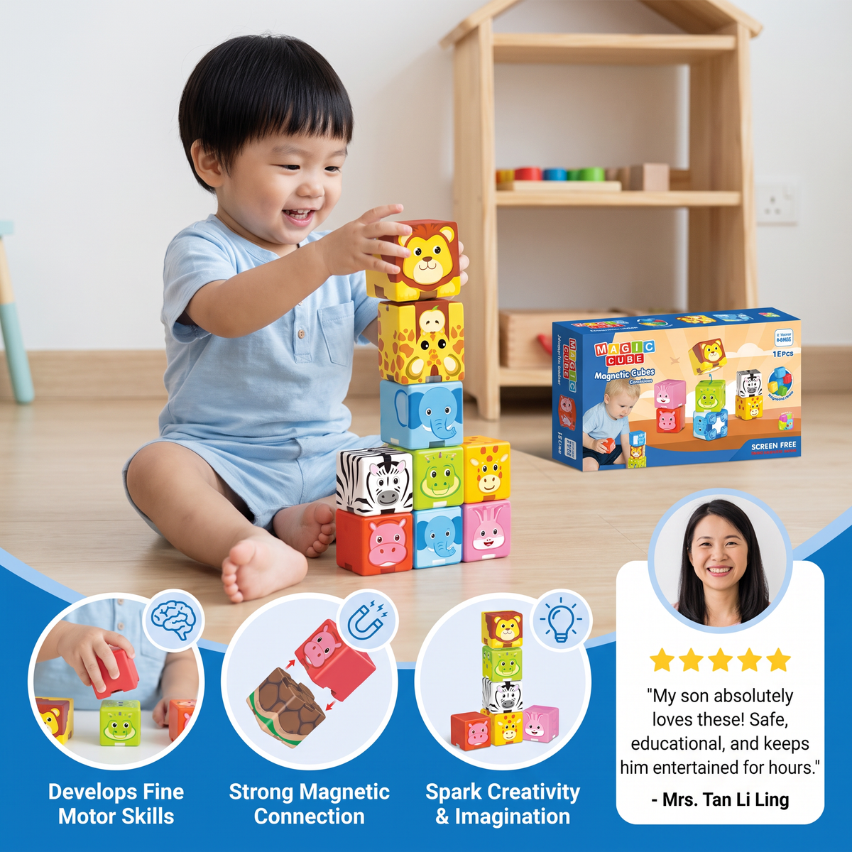 Toddler-Safe 4.2 cm Safari Animal Magnetic Building Cubes – STEM Learning Blocks