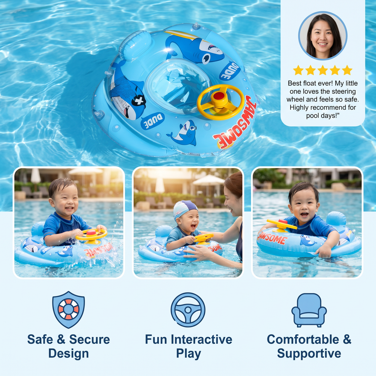 Baby Shark Pool Float with Steering Wheel for Toddlers