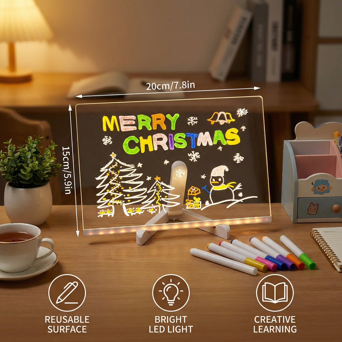 LED Writing Drawing Board for Kids ⎜ Reusable Light-Up Surface for Creative Notes, Art and Learning