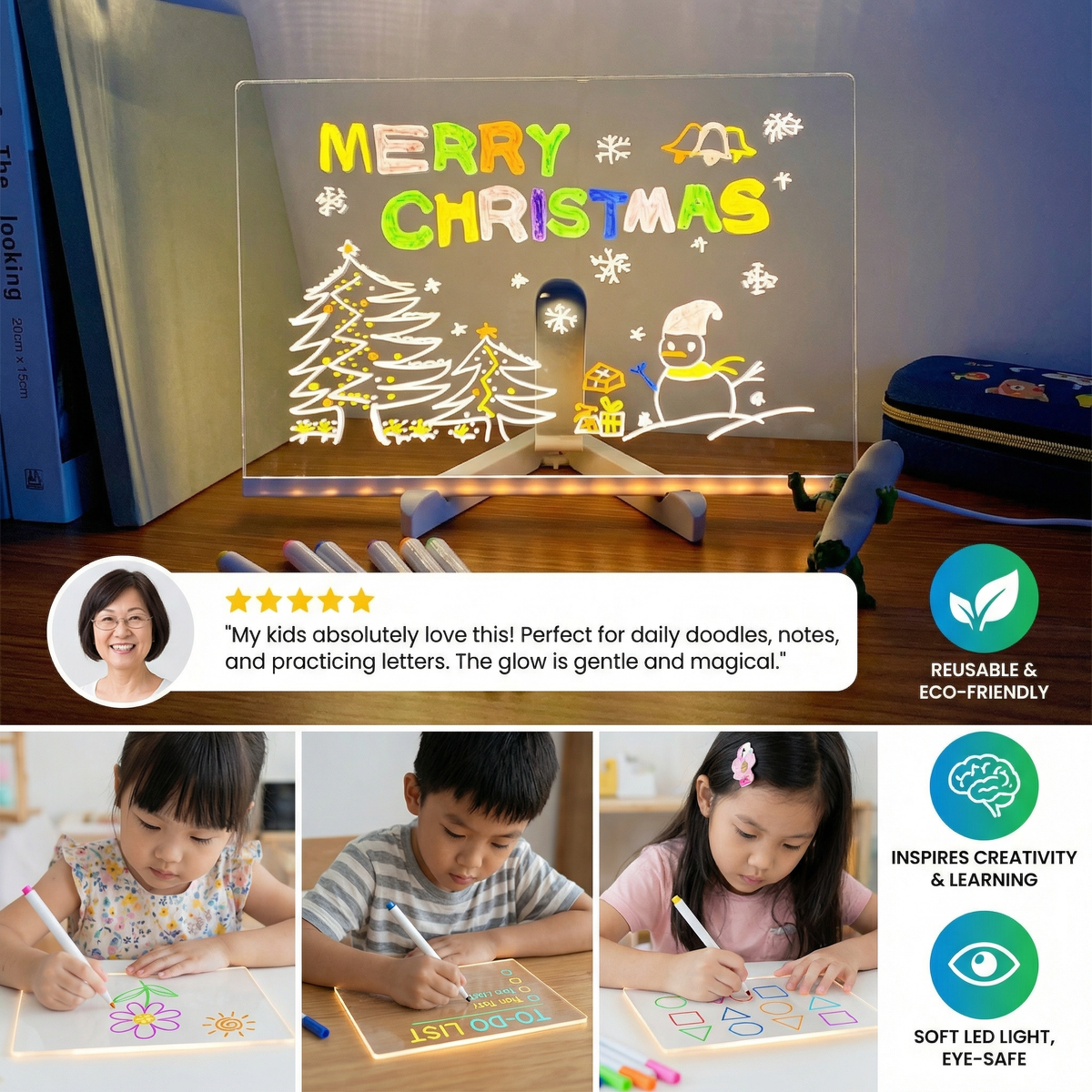 LED Writing Drawing Board for Kids ⎜ Reusable Light-Up Surface for Creative Notes, Art and Learning