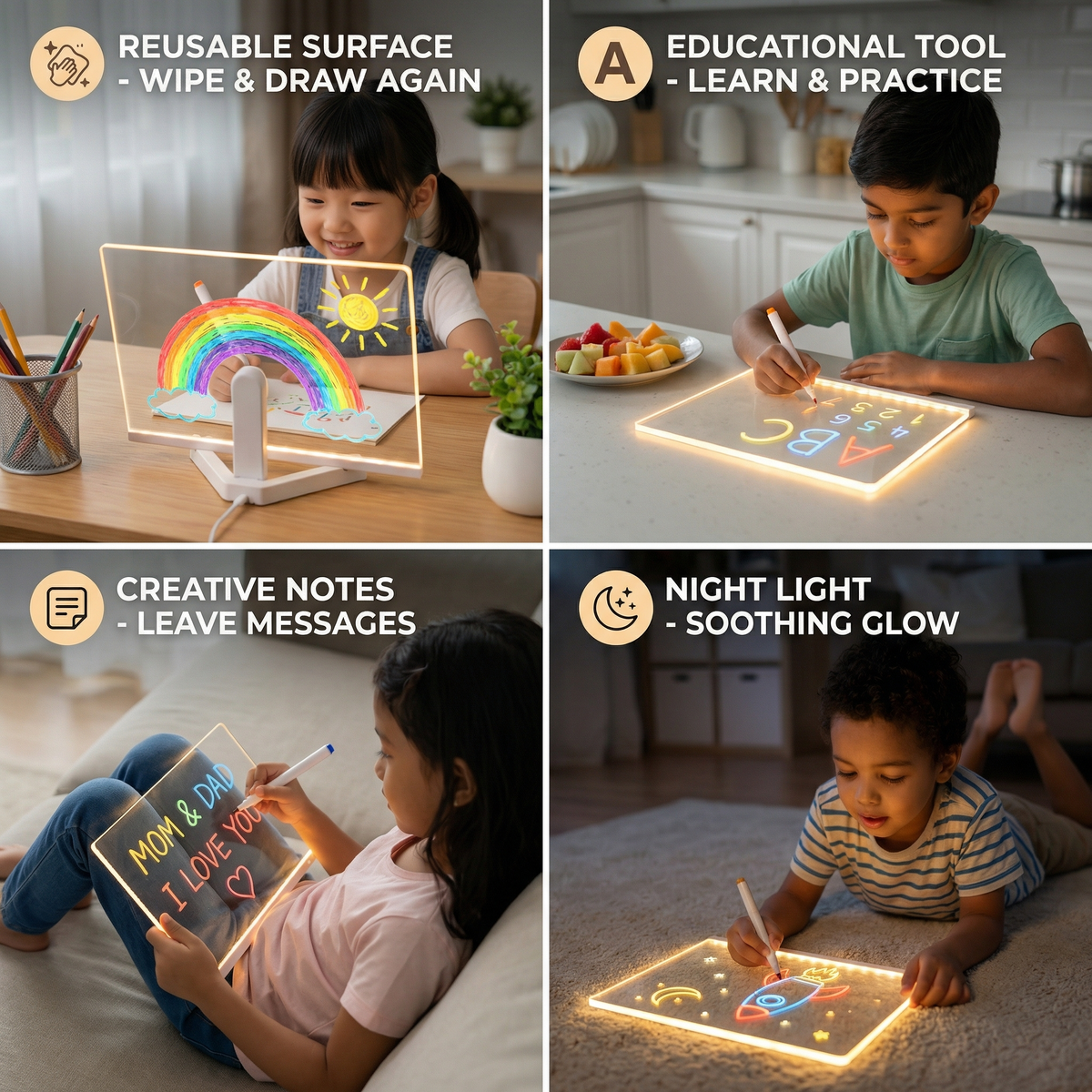 LED Writing Drawing Board for Kids ⎜ Reusable Light-Up Surface for Creative Notes, Art and Learning