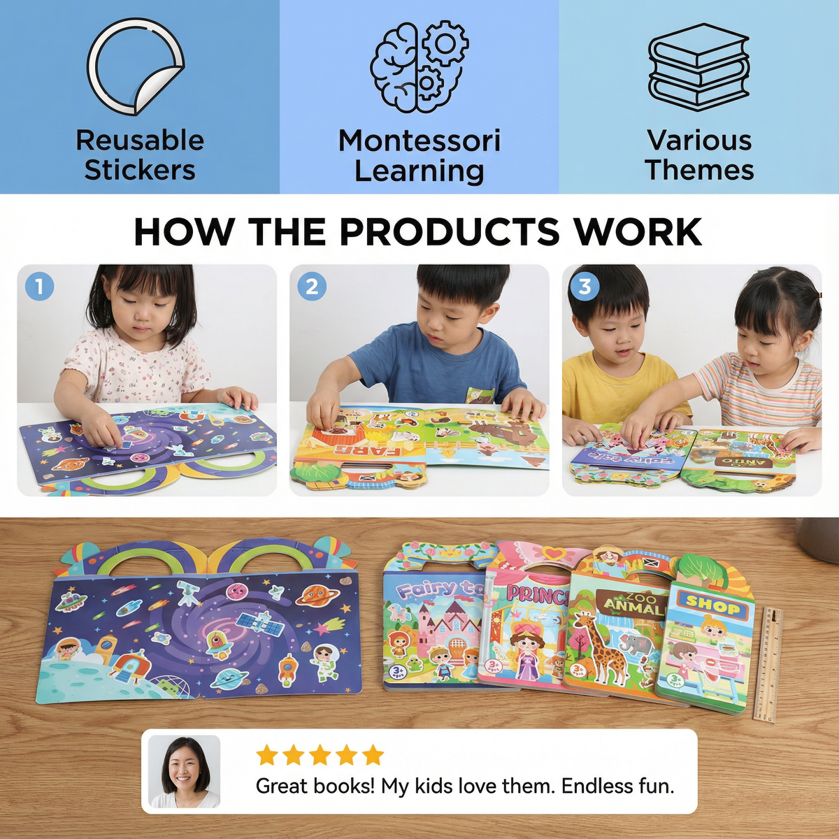 Reusable Montessori Sticker Books with Various Themed Worlds