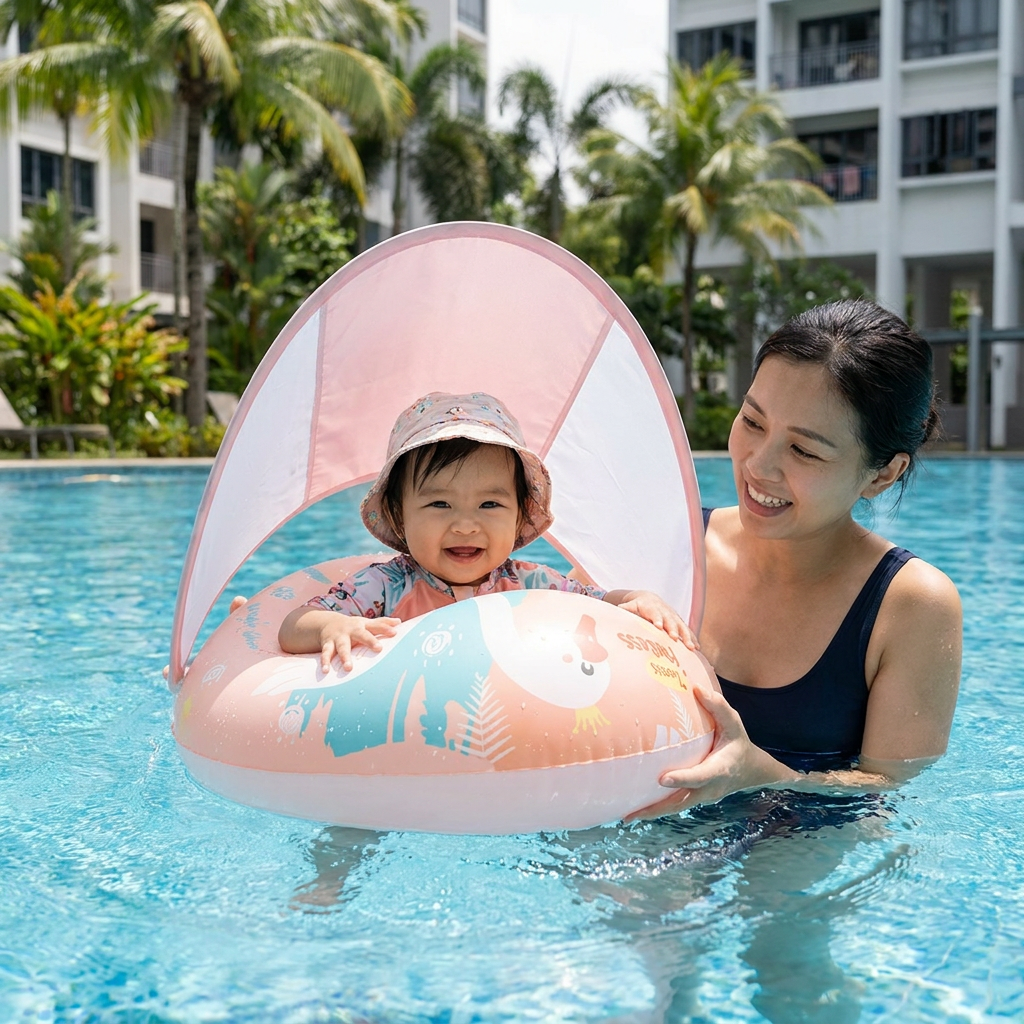 Swan Baby Swim Ring with Sun Canopy – Inflatable Safety Float Seat for Babies